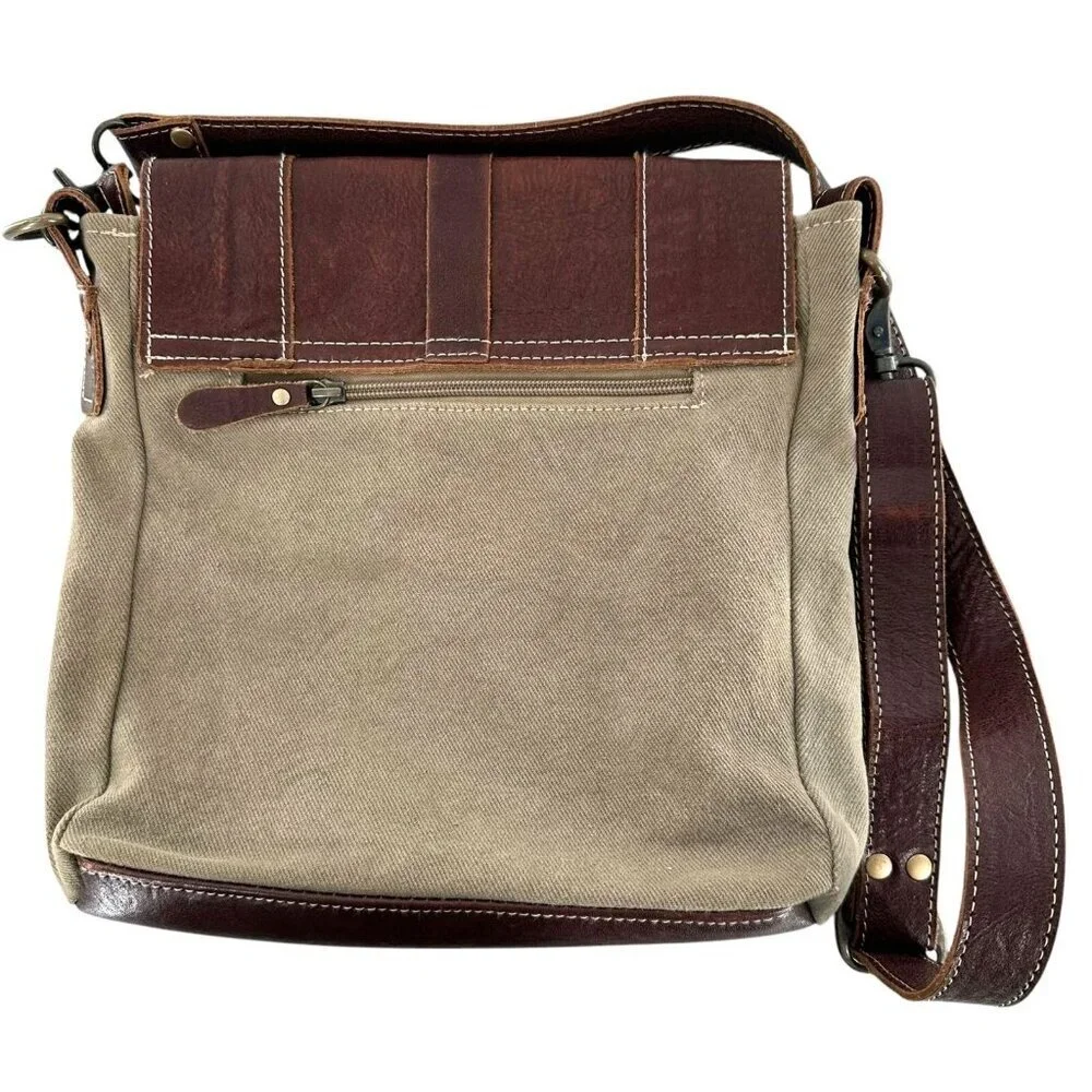 Myra Bag Sage Green Canvas and Brown Leather Messenger Tote Crossbody Bag - Picture 7 of 9